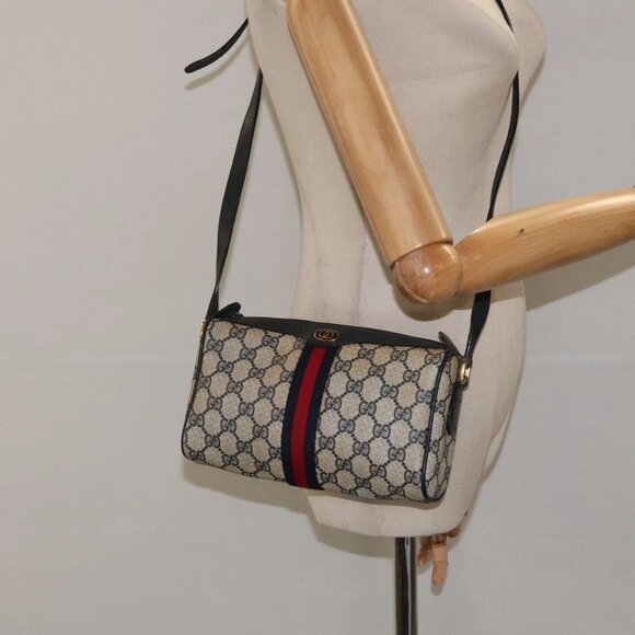 GUCCI GG Supreme Sherry Line Shoulder Bag PVC Navy Gold - Picture 1 of 16